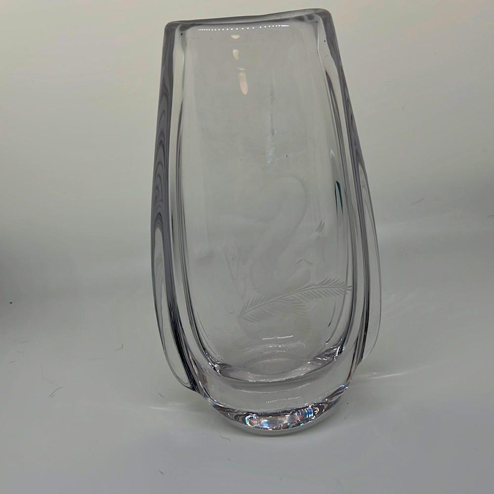 KOSTA BODA Etched Squirrel on Pine Branch Crystal VASE Vintage 6.25" Mid Century